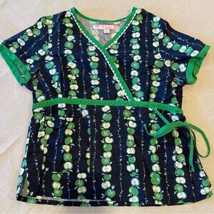 Koi by Kathy Peterson Green and Blue Apple Print Scrub Top XL